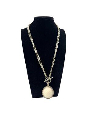 Premier Designs Long Chain Necklace Oval Mother-Of-Pearl Pendant Toggle Closure